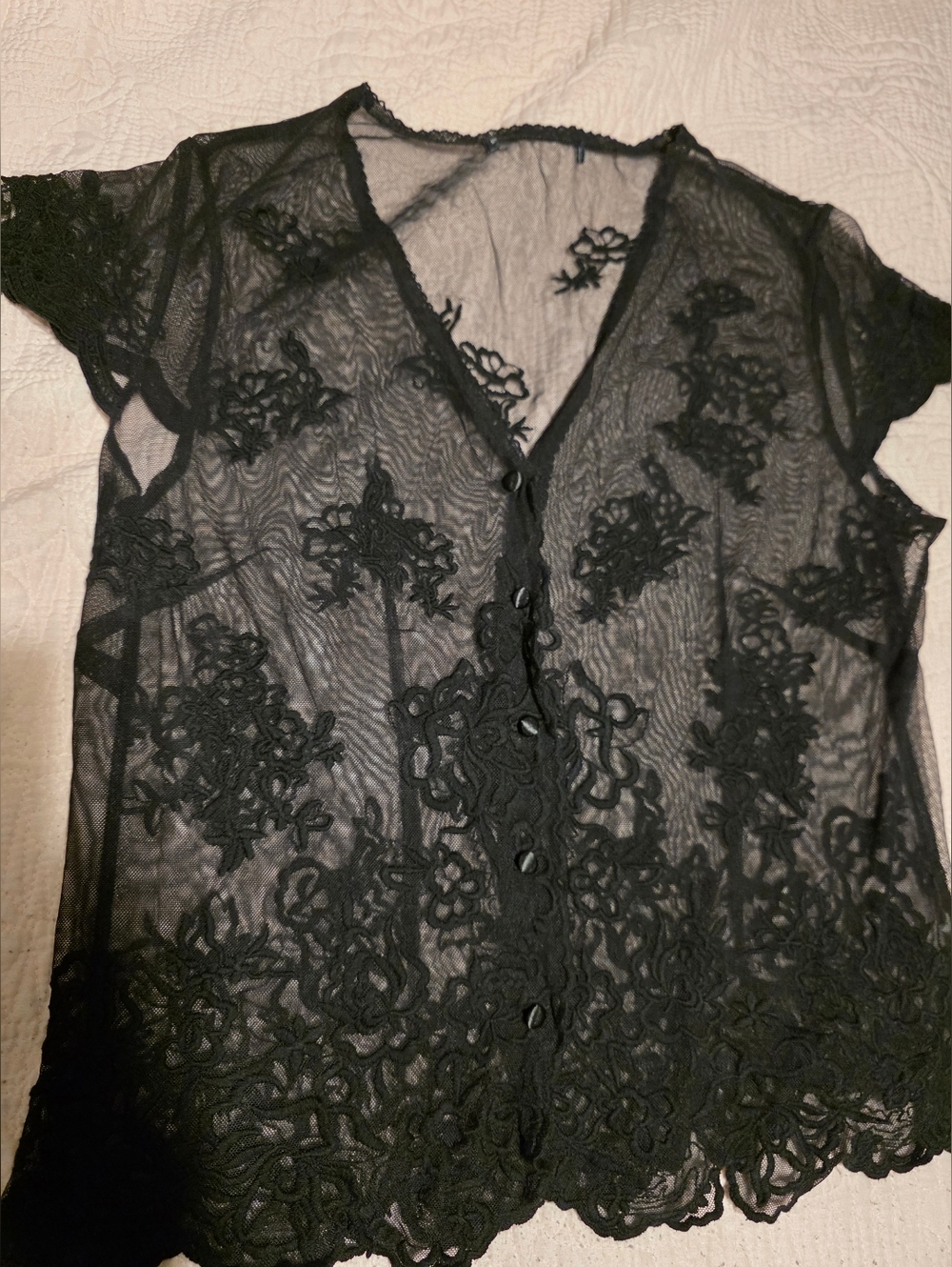 Black Sheer Lace Button-Front Top